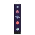 Detail of space planet tapestry with purple nebula print and black decorative tassels - 32.5x130cm / Purple Cartoon Planets (Style 3)