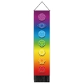 Detailed view of 7 chakras tapestry with rainbow gradient and decorative black tassels - 32.5*130cm / Gradient Rainbow Chakra Symbols (Style 3)