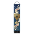 Wandteppich mit goldenem Gral-Motiv in Marineblau und dekorativen schwarzen Fransen - 32.5x130cm / Heiliger Gral Cremefarbener Hintergrund Stil 2