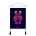 Detail of Gemini zodiac tapestry with wooden hanger, navy blue starry sky and tassels - 35x50cm / Gemini (Style 4)