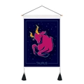 Detail of Taurus zodiac tapestry with minimalist bull design, wooden rod and black tassels - 35x50cm / Taurus (Style 5)