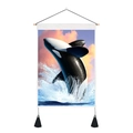 Détail de tapisserie en coton et lin avec orque sautant sous un ciel de coucher de soleil - 35x50cm / Design d'Orque