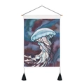 Detail of Nordic cotton linen tapestry with watercolor jellyfish print and black tassels - 35x50cm / Jellyfish Pattern