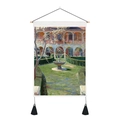 Gros plan de tapisserie d'art Van Gogh avec perche en bois et glands décoratifs noirs - 35x50cm / Jardin de Patio Avec Fontaine (Style 7)