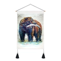Close-up of artistic bear fishing print on cotton linen tapestry with wood scroll and tassels - 35x50cm / Brown Bear Fishing