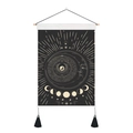 Black tarot tapestry with golden sun and moon phases, wooden pole, and black tassels - 35x50cm / Face Sun Moon (Style 8)