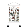 Detail of vintage mushroom botanical wall tapestry with wood frame and black tassels - 35x50cm / Mushroom