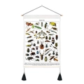 Détail de la tapisserie vintage d'insectes avec tige en bois et pompons noirs élégants - 35x50cm / Insecte