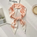 Floral print long silk scarf for hair with vintage bird pattern in orange and white - Letter I (White Base Orange-Red Flower and Bird)
