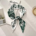 Green floral print silk skinny scarf with letter J design for hair or bags - Letter J (White Base Dark Green Vintage Floral)
