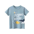 Close-up of light blue cotton T-shirt with shark print and Fishing for Trouble text - 90cm / Aqua Blue
