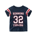 Kids navy cotton T-shirt with RUNNING 32 FEELING print and striped sleeve cuffs - 90cm / Royal Blue