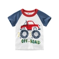 Kids monster truck raglan t-shirt with blue sleeves and red off-road graphic - 100 / Off-White/Army Blue