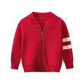 Cardigan en tricot rouge pour enfants avec fermeture éclair et rayures blanches pour printemps - 130cm / Rouge