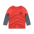 Kids long sleeve cotton t-shirt with red body and navy striped sleeves featuring elephant embroidery - 90cm / Rust Red