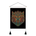 Close-up of wolf head dreamcatcher tapestry with vibrant tribal patterns and tassels - 35x50cm / Tribal Totem Wolf Style