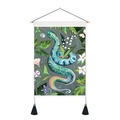 Detail of floral moon phase snake tapestry with teal serpent and cotton linen texture - 35x50cm / Green Snake and Flowers (Style 3)