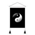 Wandkleed met Tai Chi Yin Yang-symbool en zwarte kwastjes op minimalistische stof - 35x50cm / Zilveren Taiji op zwarte stijl (Stijl 2)
