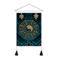 Detail van Yin Yang wandkleed met gouden symbolen en zwarte decoratieve kwastjes - 35x50cm / Gouden Bagua op groene stijl (Stijl 3)
