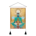 Detailed chakra tapestry with meditation figure, wooden beam and black bottom tassels - 35x50cm / Chakra Meditation (Style 4)