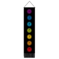 Vertical black chakra wall hanging with seven colorful symbols and black fringe tassels - 32.5x130cm / Colorful Glowing Chakra Style (Style 2)