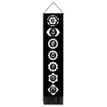 Detailed view of black seven chakra wall hanging with white symbols and tassel trim - 32.5x130cm / Simple Black and White Geometric Style (Style 6)