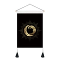 Moderner Wandbehang mit goldenem Mond und Wellen auf schwarzem Stoffhintergrund - Schwarzer Hintergrund Goldmuster Mond Meereswelle / Standardgröße