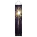 Close-up of a vertical solar system tapestry with planet prints and bottom fringe detail - Stellar Radiance Style / Extended Version