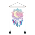 Detail of dreamcatcher tapestry showing wooden hanging rod and black decorative tassels - Style 4 / 35x50cm