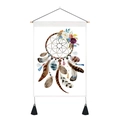 Detail of bohemian dreamcatcher tapestry with watercolor feathers and black tassels - Style 5 / 35x50cm