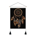 Macro detail of watercolor feather dreamcatcher tapestry with black canvas and tassels - Style 6 / 35x50cm