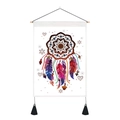 Detailed close-up of a bohemian watercolor feather dreamcatcher tapestry with black tassels - Style 7 / 35x50cm