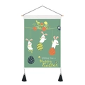 Detail of Easter wall tapestry featuring white rabbits and tassels on a green background - Medium Wall Hanging / Three White Bunnies Egg Style (Style 2)