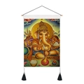 Vertical Indian Ganesha wall tapestry with wooden frame and black tassel hanging details - Decorative Ganesha Style (Style 3) / 35x50cm