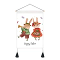 Detail of Easter wall tapestry featuring watercolor bunnies and Happy Easter text with tassels - Medium Wall Hanging / Retro White Bunnies Playing Trombone Style (Style 4)