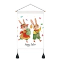 Detail of Easter wall tapestry featuring cartoon rabbits, tassels, and Happy Easter text - Medium Wall Hanging / Anthropomorphic Bunnies Butterfly Decoration Style (Style 5)