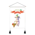 Detail of Easter wall hanging banner with lamb watercolor print and black tassels - Medium Wall Hanging / Sheep with Straw Hat Egg Unicycle Style (Style 9)