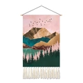 Sonnenaufgang-Berg-Wandteppich mit Wald, Vögeln und Quasten für nordische Wohndeko - 35x50cm / Rosa Himmel Berg (Stil 1)