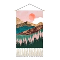 Nordischer Wandteppich mit Sonnenaufgang, Holzstab und weißen Quasten für Wohnzimmer - 35x50cm / Nordischer Wald Sonnenuntergang (Stil 2)