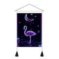 Neon flamingo tapestry with wood pole and black tassels on a dark starry sky background - 35x50cm / Purple Flamingo Style (Style 1)