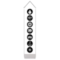 Vertical yoga wall hanging featuring seven black chakra symbols on white fabric texture - White Base Black Lotus Totem (Style 6)
