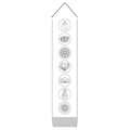 Vertical white meditation tapestry featuring seven black chakra symbols and hanging rope - Minimalist White Base Black Chakra (Style 7)