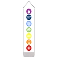 Detailed vertical view of a white seven chakra wall tapestry with colorful meditation symbols - Seven Colored Chakra Symbols (Style 9)