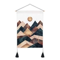 Modern abstract mountain and sun wall tapestry with wooden rod and black tassels - 35x50cm / Modern Geometric Mountain & Sun (Style 1)