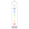 Detailed vertical chakra tapestry featuring seven colorful symbols with a black hanging rope - Classic Seven Colored Chakra Banner (Style 10)