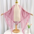 Pink floral lace triangle scarf with tassels for women, elegant lightweight polyester shawl - Dusky Pink
