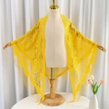 Vibrant yellow lace triangle scarf featuring intricate floral patterns and delicate fringe - 180cm / Yellow