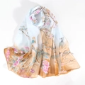 Elegante sciarpa in chiffon di seta con stampa di gazza e fiori sfumata blu e arancio - 150*50cm / Arancione e Bianco