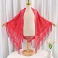 Elegant red lace triangle scarf with floral patterns and stylish fringe tassels - 180cm / Magenta
