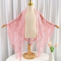 Pink floral lace triangle shawl with long tassels displayed on a mannequin - 180cm / Light Pink